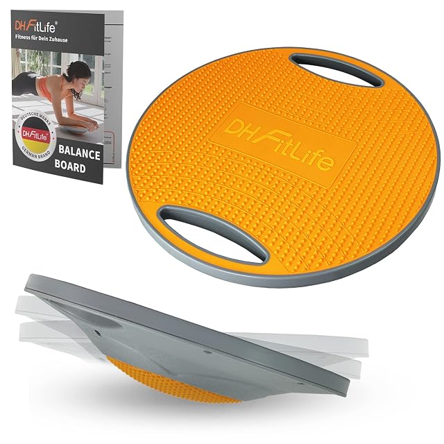Tavola di equilibrio rotonda DH FitLife, piano arancione a borchie su bordo grigio, due prese ritagliate, volantino accanto