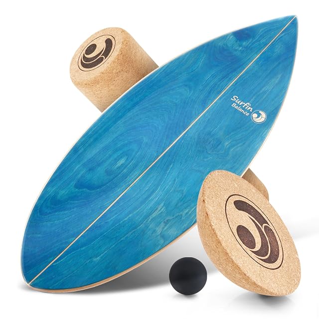 Tavola di equilibrio in legno blu acquamarina Surfin Balance con rullo, semisfera e palla
