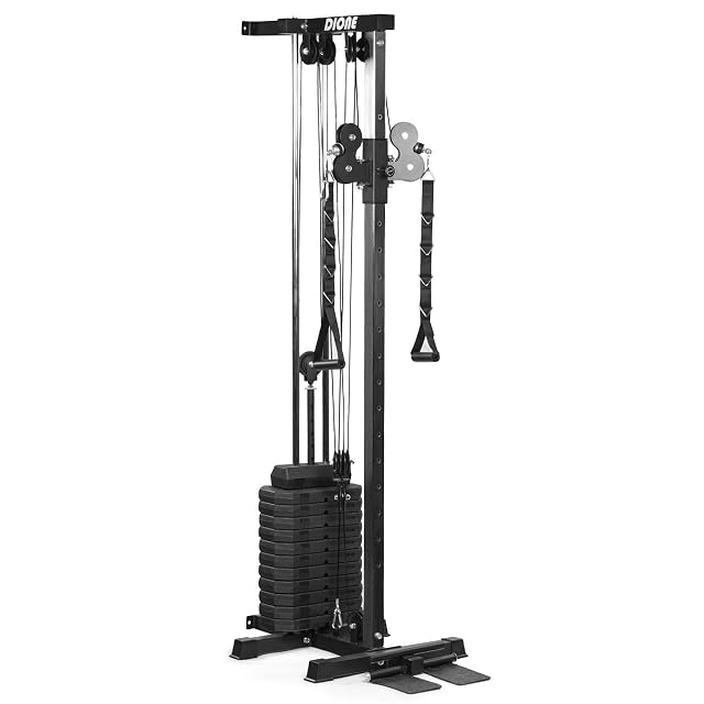 Colonna nera singola Dione CW60 con pacco piastre a selettore scoperto alla base, maniglia a D e fettuccia appese