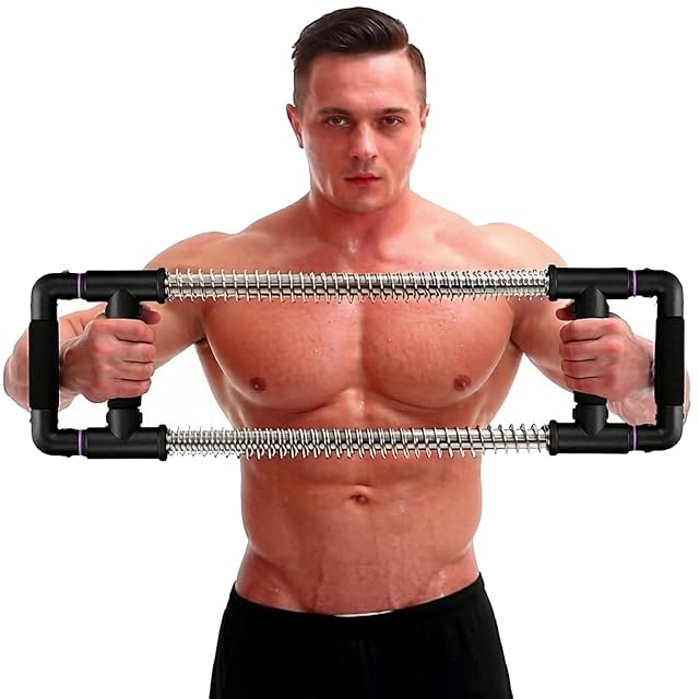 Push Down Bar GoFitness tenuta di traverso sul petto, due molle cromate fra impugnature nere incernierate