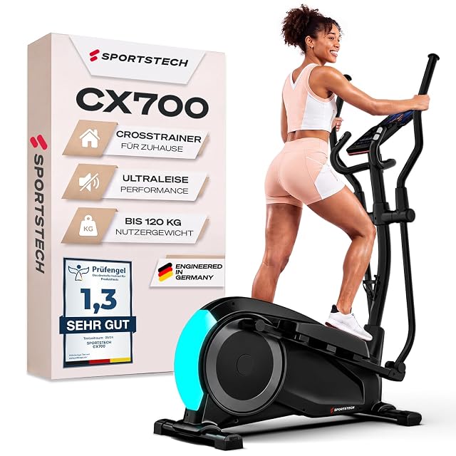 Ellittica Sportstech CX700 con carter del volano illuminato di ciano, accanto alla sua scatola con un sigillo Prüfengel 1,3 SEHR GUT