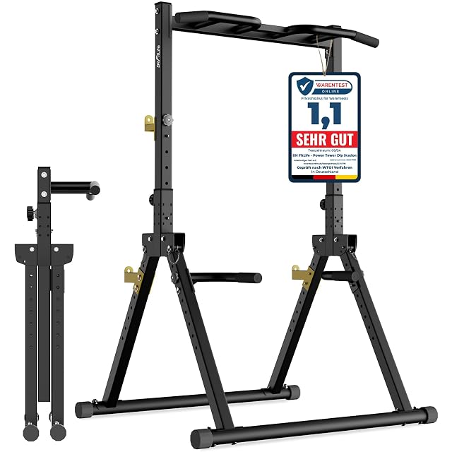 Power tower pieghevole DH FitLife con gambe triangolari e appoggi dorati per bilanciere, con un cartoncino Warentest Online 1,1 agganciato