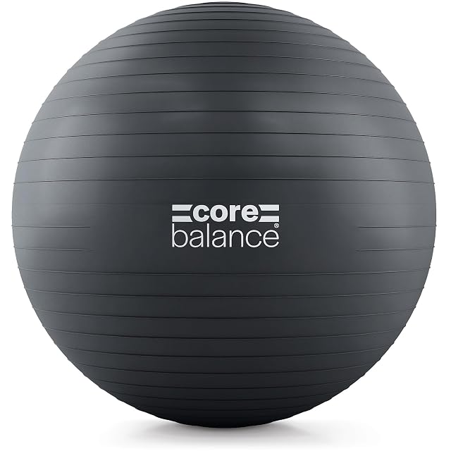 Palla Core Balance sola su bianco, grigio antracite, rigature orizzontali fitte, il nome al centro