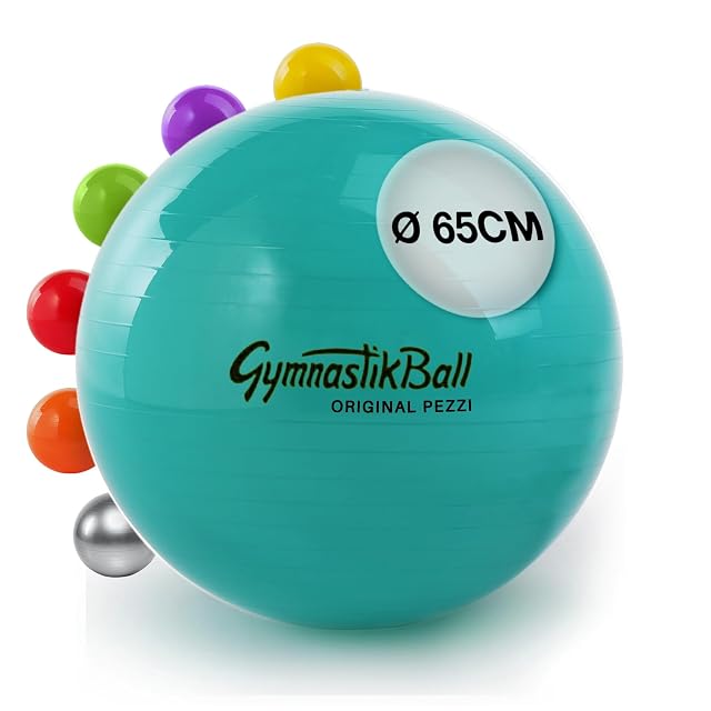 PEZZI GymnastikBall verde turchese con la scritta Ø 65CM, un ventaglio di altri colori schierato dietro