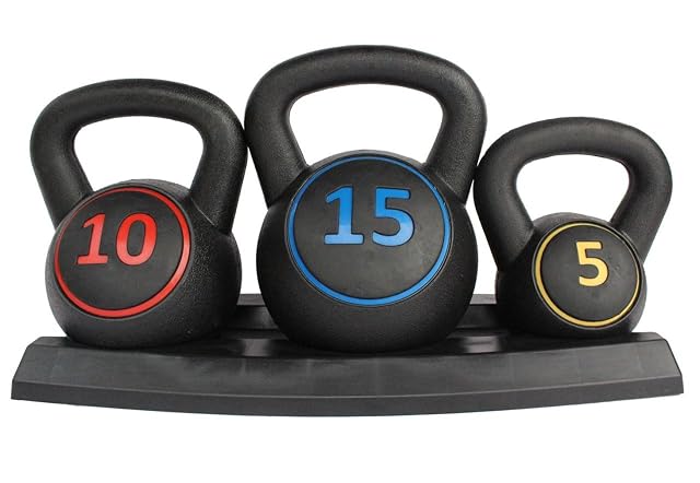 Set di tre kettlebell FUNJEPE in HDPE con supporto e pesi a codice di colore