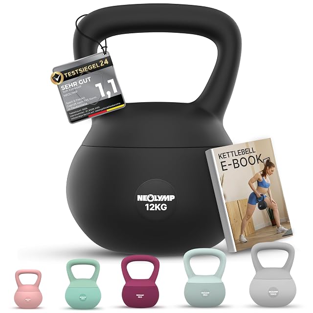 Soft kettlebell NEOLYMP nera con la scritta 12KG, un cartellino TESTSIEGEL24 all'impugnatura e cinque misure pastello sotto