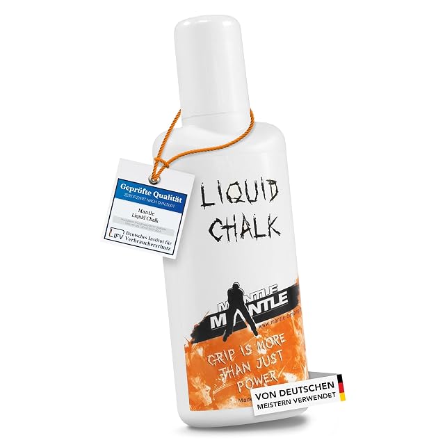 Flacone Mantle bianco con una grafica arancione di arrampicatore, un cartellino IfV di qualità certificata su un cordino attorno al collo