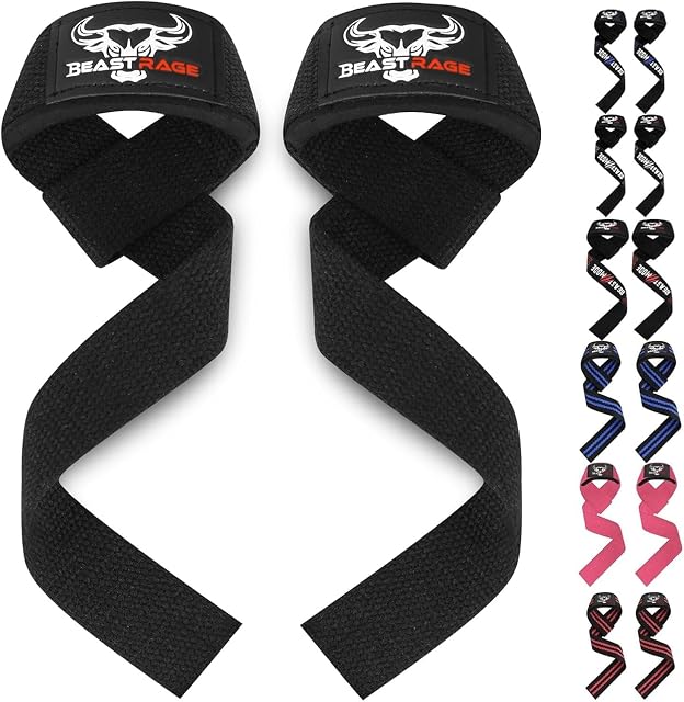 Coppia di cinghie da sollevamento BEAST RAGE in cotone nero imbottito con cuscinetti da polso in neoprene