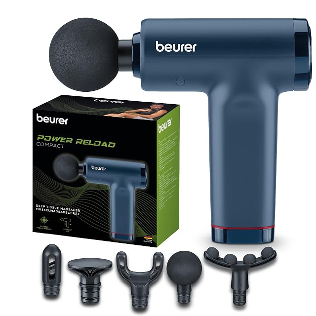 Beurer PowerReload compatta in blu scuro accanto alla sua scatola verde e nera, con cinque accessori disposti sotto