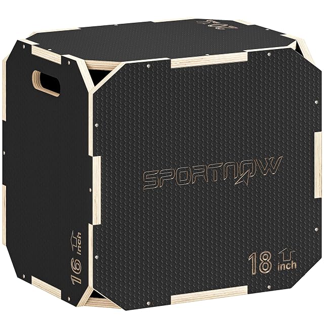 Cassa pliometrica SPORTNOW rivestita di presa nera a nido d'ape con bordi in compensato chiaro, con le scritte 16 inch e 18 inch