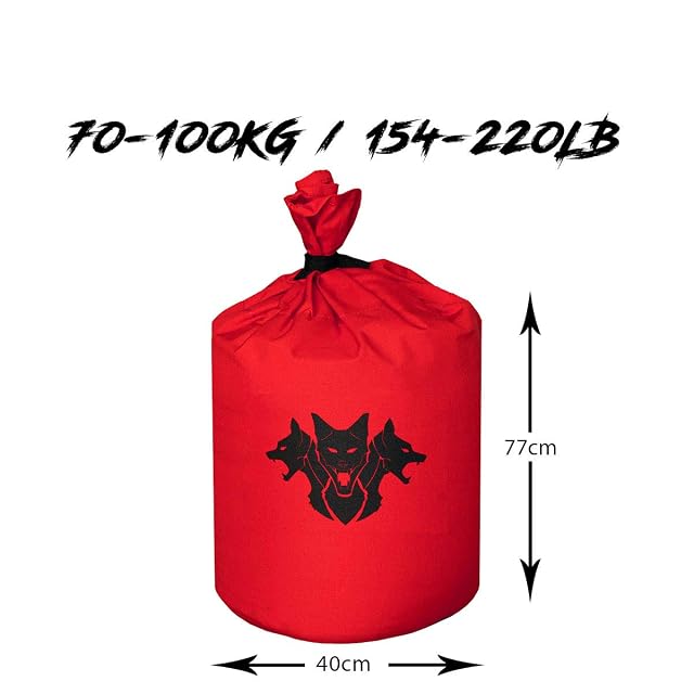 Sacco interno di riempimento Cerberus Strength rosso legato al collo, logo del cane a tre teste, misura 77 per 40 cm per 70-100 kg
