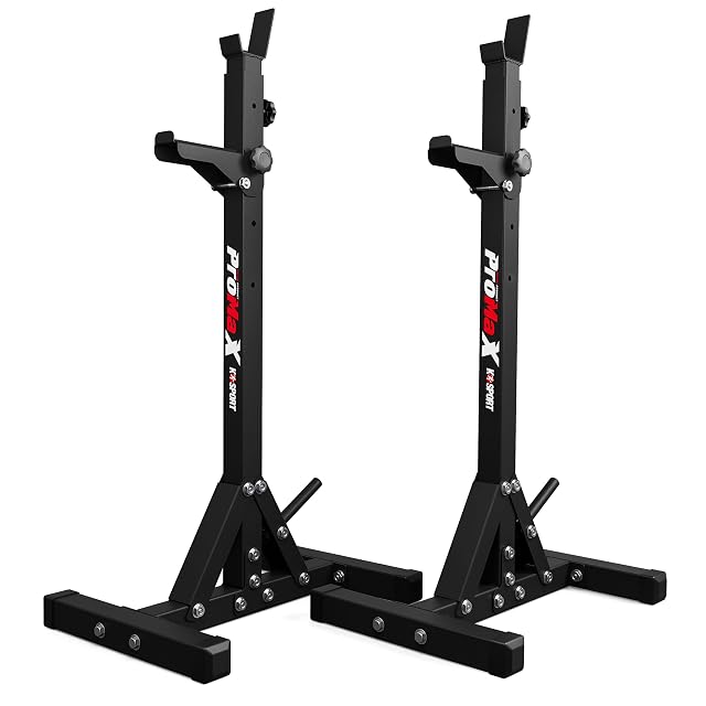 Due colonne per squat K-Sport ProMaX nere con ganci a J, bracci di sicurezza e basi triangolari imbullonate