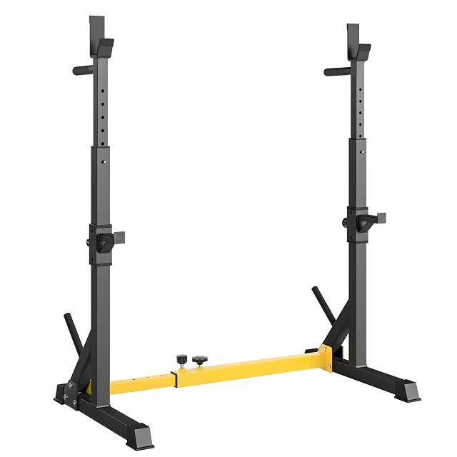 Rack per squat regolabile LIFERUN giallo e nero con supporti di sicurezza