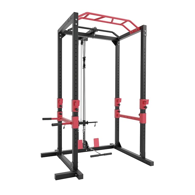 Power rack Ultrasport nero e rosso con barra per trazioni, maniglie da dip ed estensione per lat machine