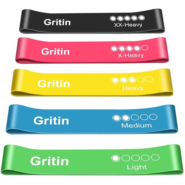Cinque elastici ad anello Gritin impilati in nero, rosa, giallo, blu e verde, ciascuno con dei pallini di livello stampati