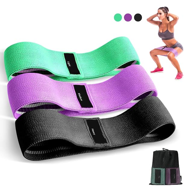 Tre elastici di resistenza Suright in tessuto a maglia verde, viola e nero