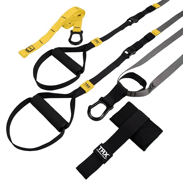 Cinghie TRX GO in nero, giallo e grigio con ancoraggio da porta, maniglie in schiuma, staffe per i piedi e una custodia piatta da viaggio