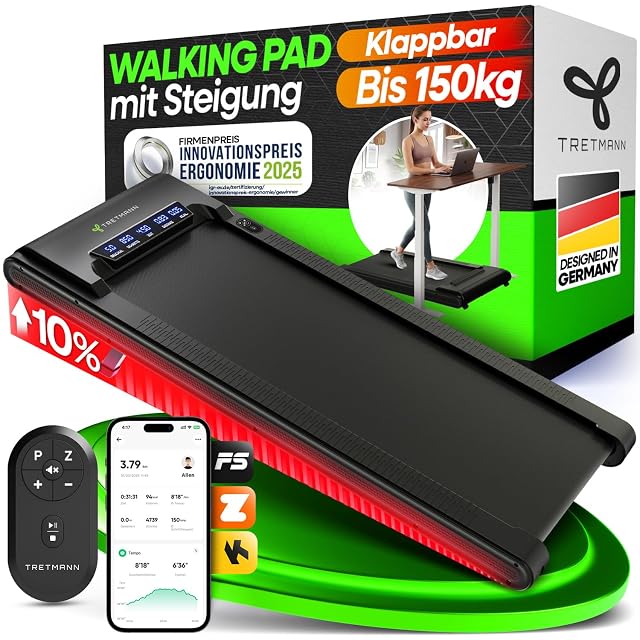 Tapis da camminata TRETMANN inclinato sul suo dieci per cento, luce rossa sotto, telecomando e schermata dell'app, scatola dietro
