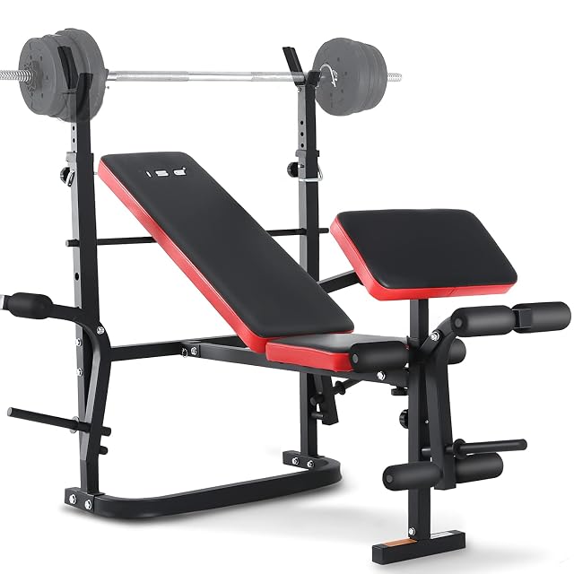 Panca pesi multifunzione ISE SY-5430B rossa e nera con bracci butterfly e fermagambe