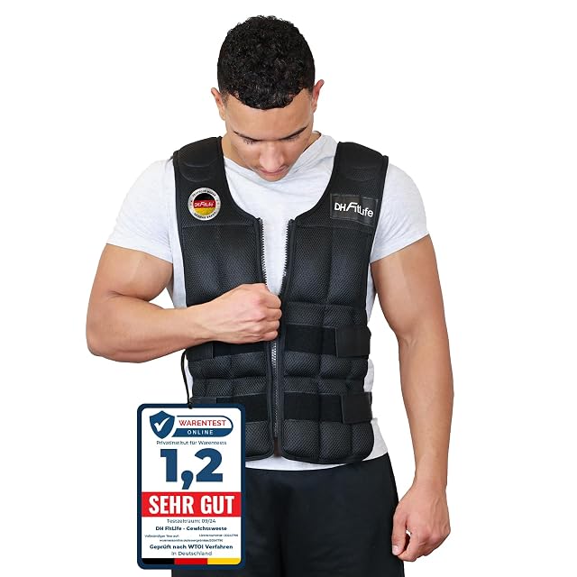 Gilet zavorrato DH FitLife in rete nera indossato chiuso, con accanto un cartello Warentest Online 1,2