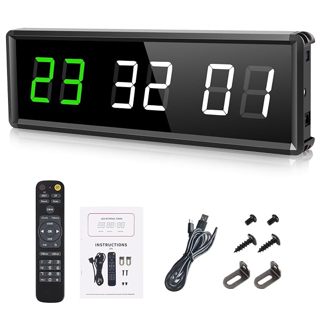 Barra timer a LED PELLOR nera con cifre verdi e bianche, con telecomando, istruzioni, cavo USB e staffe