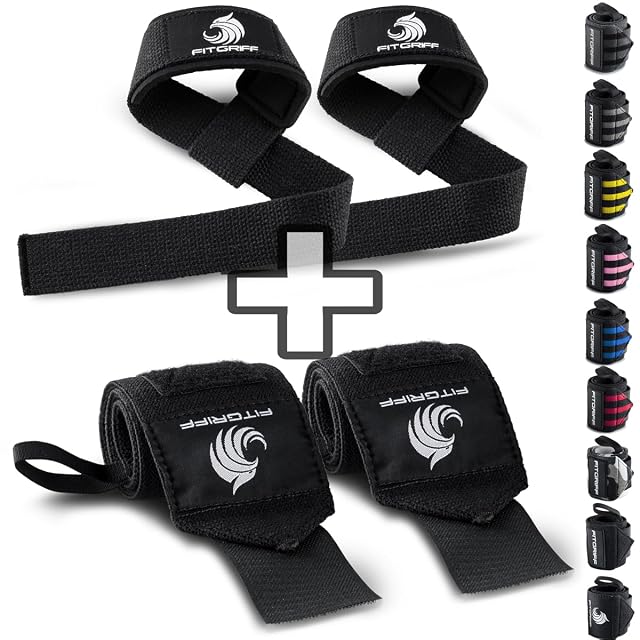 Set Fitgriff di fasce da polso nere e cinghie da sollevamento imbottite con le marcature L e R