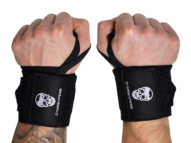 Fasce da polso Gymreapers nere con passanti per il pollice rinforzati e chiusure larghe