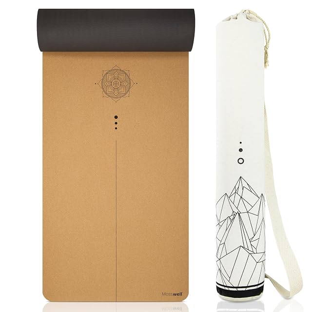 Tappetino da yoga in sughero Mosswell con una linea di allineamento e una borsa da trasporto in cotone