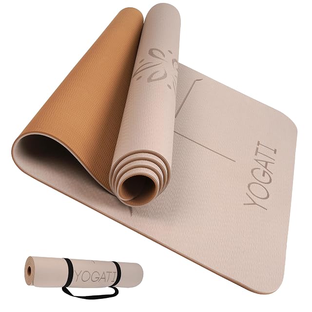 Tappetino da yoga YOGATI stampato con linee di allineamento del corpo e una cinghia da trasporto